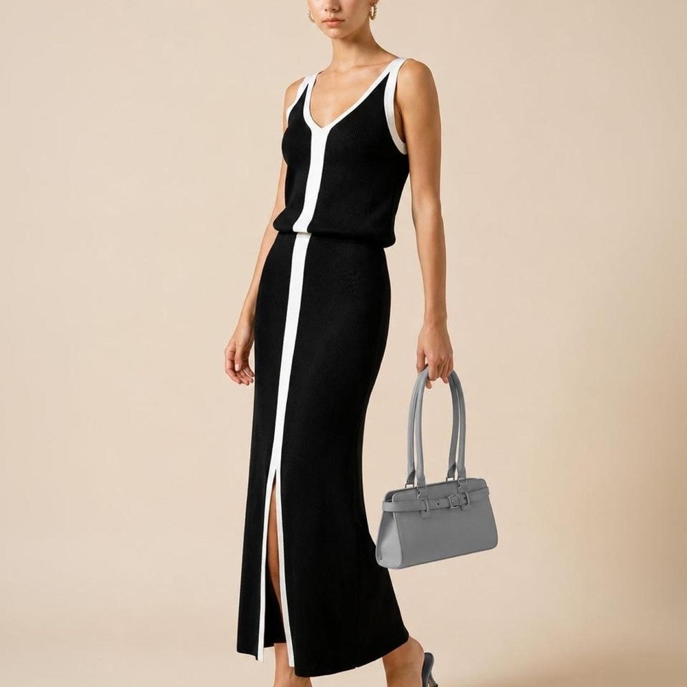 Commense Black Contrast Trim Slit-Front Ribbed Knit Maxi Dress XL NWT